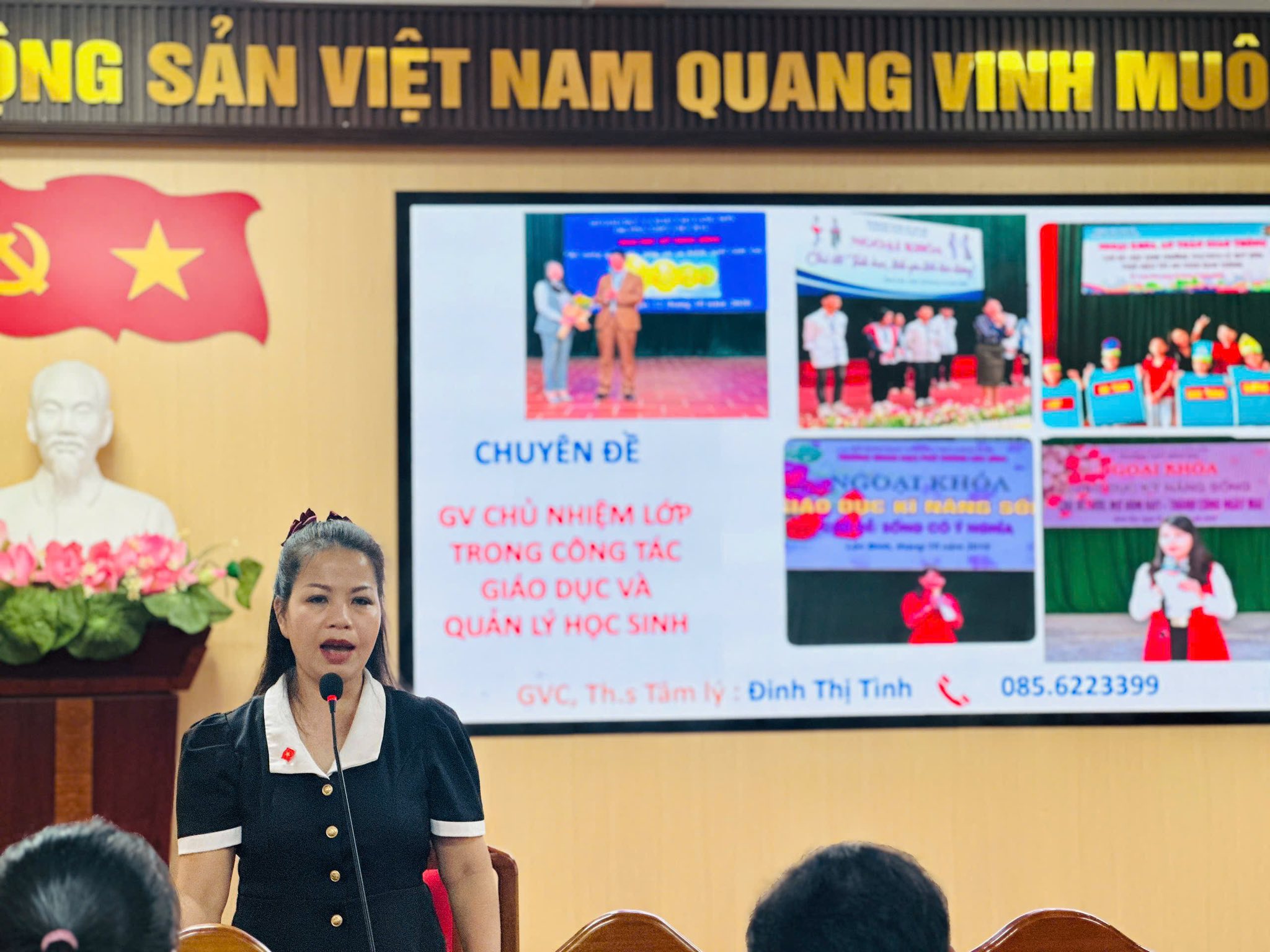 Có thể là hình ảnh về văn bản cho biết 'NG SÁN VIỆT NAM QUANG VINH MUÔ CHUYÊN ĐÈ COALKHOA HANE GV CHỦ NHIỆM LỚP TRONG CÔNG TAC GIAO DỤC VA QUAN YL Hoc SINH SUOARHOA CON KHAл 1時定認 .た. GVC Th.s Tăm ĐinhThiTinh Đinh Thị Tinh 085.6223399'