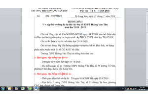 THÔNG BÁO  V/v nộp hồ sơ đăng kí dự thi vào lớp 10 THPT Hoàng Văn Thụ  năm học 2018 - 2019